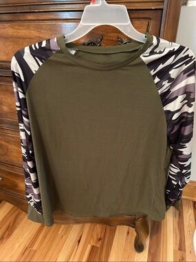 Olive Green Raglan Tee with Camouflage Long Sleeves